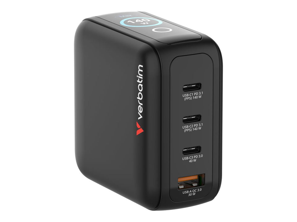 Verbatim Netzteil - mini, GaN, with display - 140 watt - Power Delivery 3.0 + PPS, QC 3.0 - 4 Ausgabeanschlussstellen (3 x USB-C, USB Typ A)