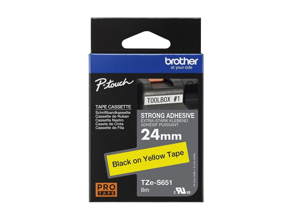 Brother TZe-S651 - Extra starker Klebstoff - Schwarz auf Gelb - Rolle (2,4 cm x 8 m)