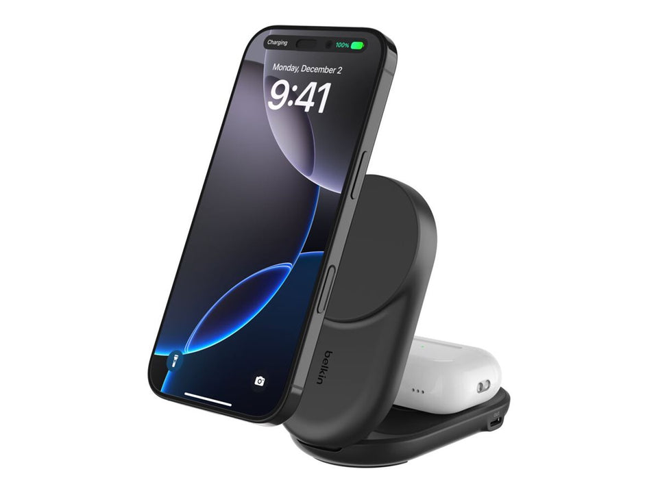 Belkin UltraCharge - Kabelloses Ladegerät - 2-in-1, Qi2, magnetisch, faltbar + AC-Netzteil - 25 Watt - Fast Charge (USB-C)