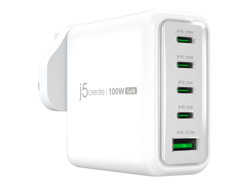 j5create JUP53100 - Netzteil - GaN - 100 Watt - 5 A - QC 3.0, Power Delivery 3.0 + PPS - 5 Ausgabeanschlussstellen (4 x USB-C, USB)