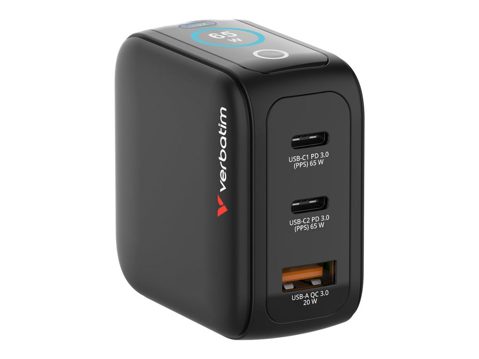 Verbatim Netzteil - mini, GaN, with display - 65 watt - Power Delivery 3.0 + PPS, QC 3.0 - 3 Ausgabeanschlussstellen (2 x USB-C, USB Typ A)