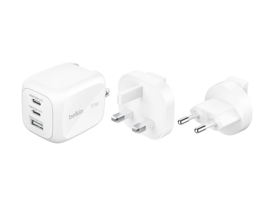 Belkin BoostCharge Pro - Netzteil - GaN - 70 Watt - PD 3.1/PPS - 3 Ausgabeanschlussstellen (2 x USB-C, USB)