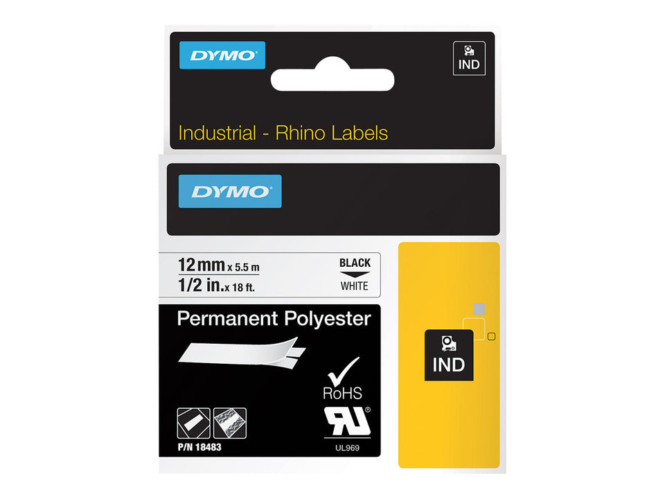 Dymo IND - Polyester - permanenter Klebstoff - Schwarz auf Weiß - Rolle (1,2 cm x 5 m)