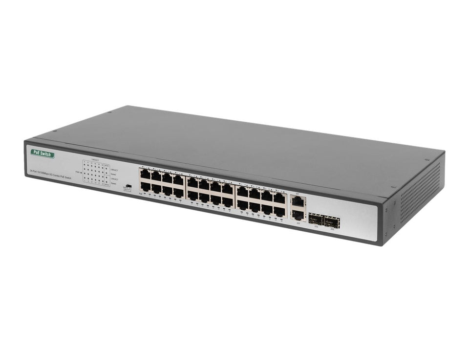 DIGITUS 24-Port Fast Ethernet  PoE Netzwerkswitch, 19 Zoll, unmanaged, 2 GE Uplink Ports, SFP, 370 W, af/at
