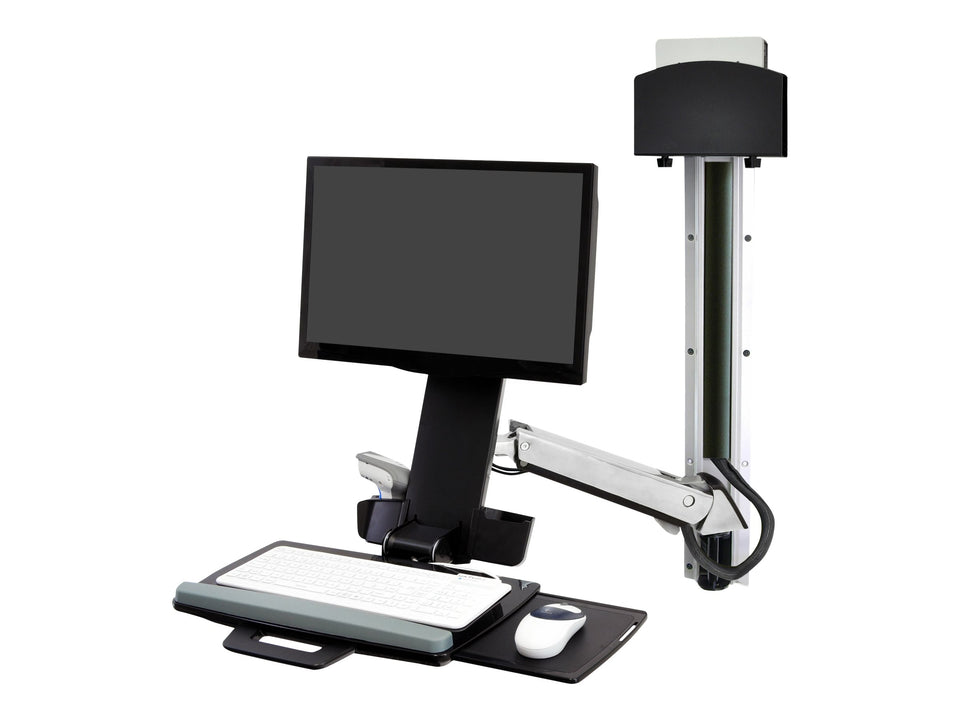 Ergotron Sit-Stand Combo System Mit CPU-Halter klein - Befestigungskit (CPU-Halter, 2 Schienenabdeckungen, 2 Kabelkanäle, Handgelenkkissen, einstellbarer Monitorarm, VESA-Halterung, Wandschiene 34", Montagesystem mit CPU-Halterung und Armen, Tastatur