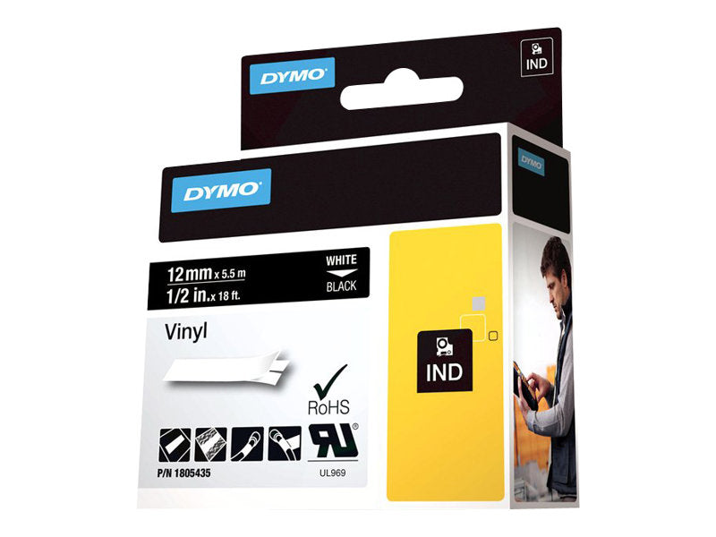 Dymo Rhino Coloured Vinyl - Vinyl - permanenter Klebstoff - Weiß auf Schwarz - Rolle (1,2 cm x 5,5 m)