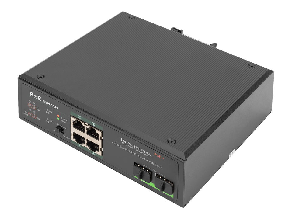 DIGITUS 4 Port Gigabit Ethernet Netzwerk PoE Switch, Industrial, Unmanaged, 2 SFP Uplink