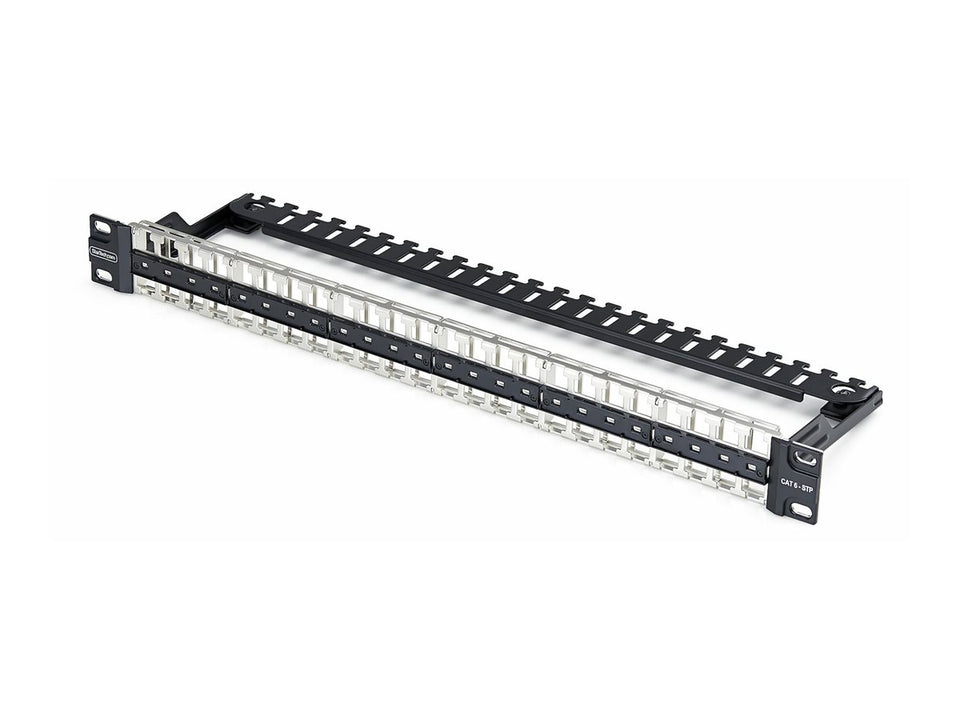 StarTech.com Startech - Leeres Keystone-Patchpanel - mit Kabelmanagementleiste, für RJ45 - geeignet für Wandmontage, Rack montierbar - CAT 6a/8 - STP/UTP - Schwarz - 1U - 48.3 cm (19")