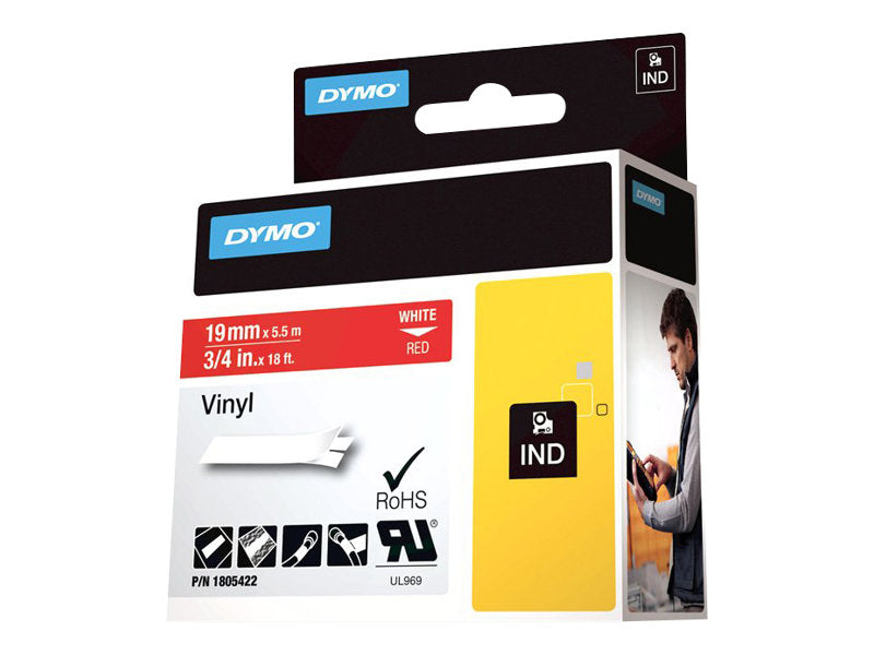 Dymo Rhino Coloured Vinyl - Vinyl - permanenter Klebstoff - Weiß auf Rot - Roll (1.9 cm x 5.5 m)