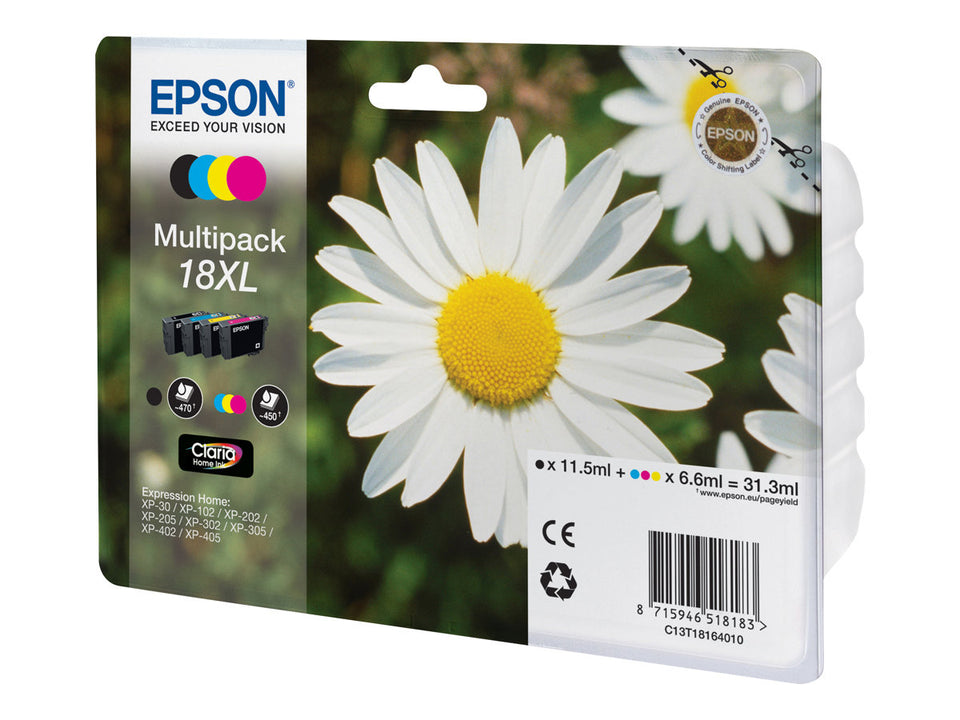 Epson 18XL Multipack - 4er-Pack - XL - Schwarz, Gelb, Cyan, Magenta - original - Blister mit akustischem / elektromagnetischem Alarm - Tintenpatrone (Packung mit 30)