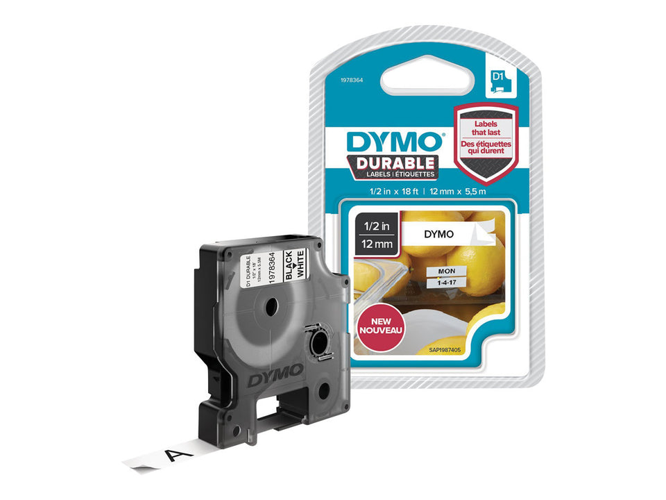 Dymo D1 Durable - Selbstklebend - Schwarz auf Weiß - Rolle (1,2 cm x 5,5 m)
