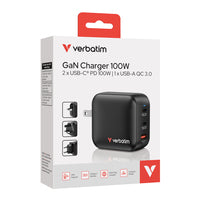 Verbatim Netzteil - GaN - 100 Watt - PD 3.0, PD/PPS, QC 4.0 - 3 Ausgabeanschlussstellen (2 x USB-C, USB)